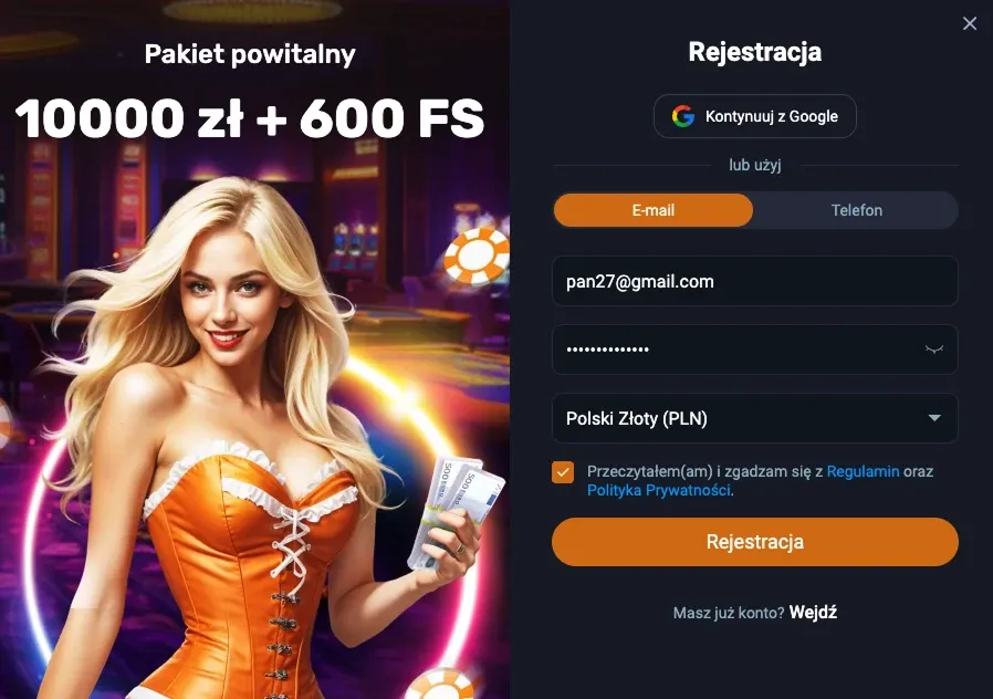 Ekran rejestracji Vox Casino